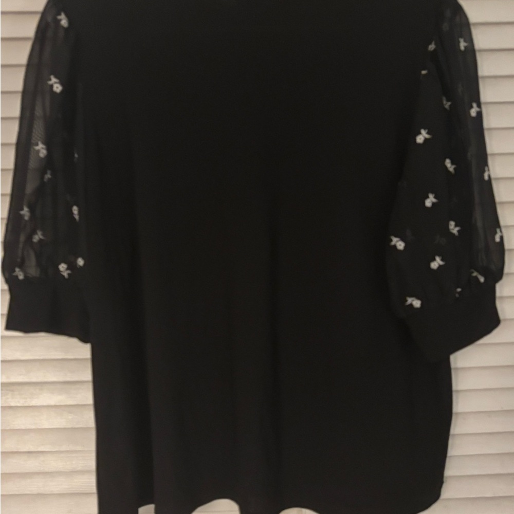 CeCe Black Blouse with Sheer Embroidered puff Sleeves